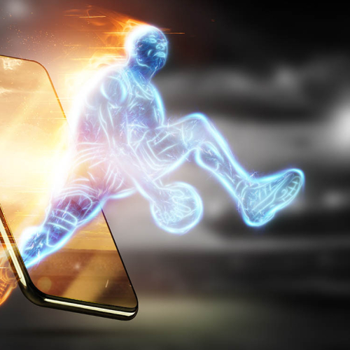 The fiery image of a basketball player cuts out of his smartphone. Creative collage, sports app. Concept for online store, online application, sports betting, 3D illustration, 3D render.