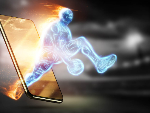 The fiery image of a basketball player cuts out of his smartphone. Creative collage, sports app. Concept for online store, online application, sports betting, 3D illustration, 3D render.