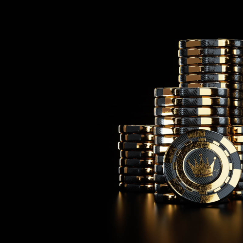 Creative casino template, black gold stacks of playing chips isolated on black background. The concept of roulette, gambling, a header for the site. Copy space, 3d illustration, 3d render