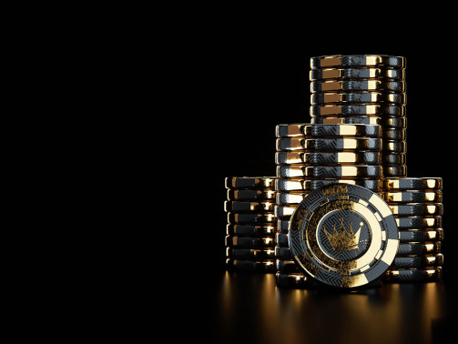 Creative casino template, black gold stacks of playing chips isolated on black background. The concept of roulette, gambling, a header for the site. Copy space, 3d illustration, 3d render