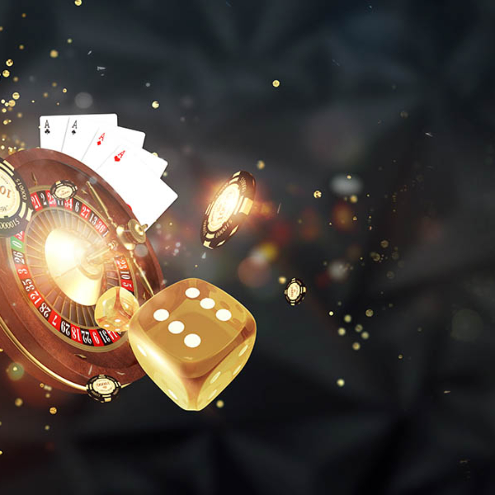 Creative background, roulette, gaming dice, cards, casino chips on a dark background. The concept of gambling, casino, winnings, Vegas Games Background. 3D render, 3D illustration.