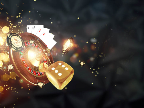 Creative background, roulette, gaming dice, cards, casino chips on a dark background. The concept of gambling, casino, winnings, Vegas Games Background. 3D render, 3D illustration.